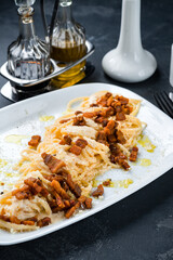italian pasta carbonara. Spaghetti with bacon and parmesan cheese