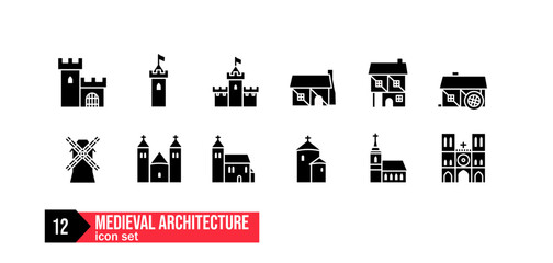 medieval architecture icon set buildings, church, cathedral, chapel, mill, windmill, cottage, house, castle, tower
