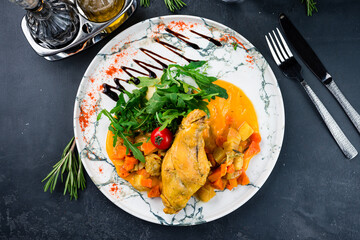 italian dish rabbit with vegetables and gorgonzolla