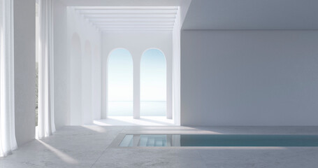 Luxury empty total white swimming pool interior with sea view. 3d render