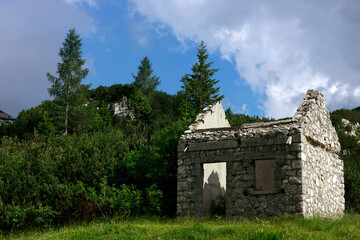 Fototapeta na wymiar Austrian Ruins from the First World War WWI in Valley of Mali Lepoc Julian Alps Slovenia