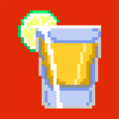 a glass of alcoholic liquor garnished with lime in pixel art illustration