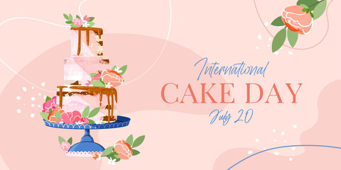 International Cake Day greeting card, poster or banner on pink background. Celebrate July 20. Cake sweets vector illustration