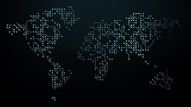 World map with digital tech circuit board. Abstract futuristic technology background. Global internet web 3.0 network and blockchain cryptocurrency defi concept. Big data nodes and storage servers