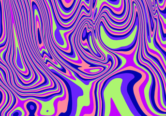 Abstract op-art trippy background with warped colorful lines. Trippy 70s style illustration.