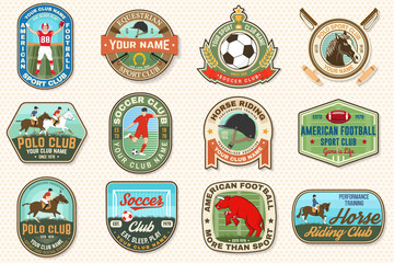 Naklejka premium Set of american football, soccer, polo and horse riding club embroidery patch. Vector. Sticker design with soccer, american football sportsman player, helmet, ball rider and horse silhouette.