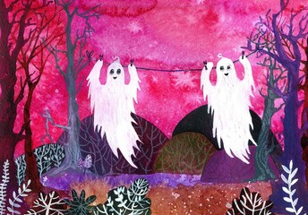 watercolor Halloween greeting card. Cute ghosts hanging on clothespins in the autumn forest with an empty space for your text here.