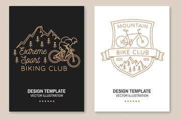 Set of Mountain biking flyer, brochure, banner, poster. Vector illustration. Concept for shirt or logo, print, stamp or tee. Vintage line art design with man riding bike and mountain silhouette.
