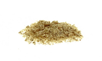 Ground walnuts powder on white. Chopped walnuts pile isolated on white background