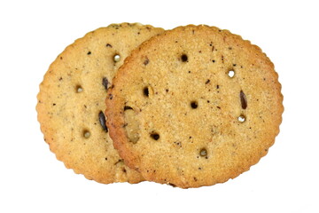 Top view wheat cracker. A single piece whole meal oat biscuit isolated on white background.