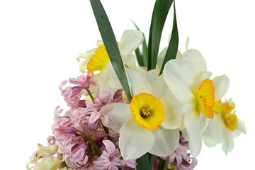Spring bouquet of flowers isolated on white background. Blue Hyacinth flower bouquet, Hyacinthus orientalis and Yellow daffodil.