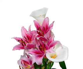 beautiful lily and White calla lilies bouquet isolated on white background