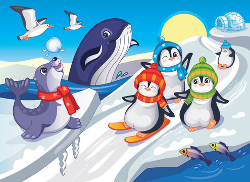 Fabulous illustration for puzzles. Magic background with funny animals. Children's print. Penguins, whale and seal in Antarctica. Doll or toy. Happy family and friends. Wonderland. Fairy tale. Vector.