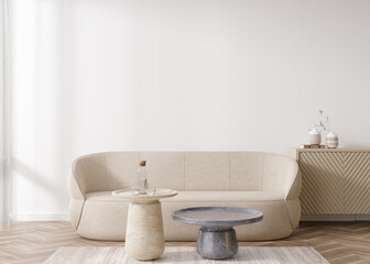 Empty white wall in modern living room. Mock up interior in scandinavian style. Free, copy space for your picture, text, or another design. Sofa, sideboard, table. 3D rendering.