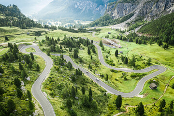 Aerial view of awesome winding road at Passo Gardena, Dolomites