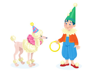 Obraz premium A cute little boy in a carnival costume and a circus poodle. In cartoon style. Isolated on white background. Vector illustration.
