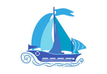 Sailboat on a wave, a boat with blue and blue sails, on a transparent background, for design and print