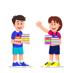 happy little boy and girl carrying several piles of books