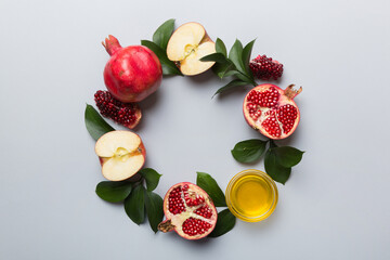 Rosh hashanah concept. Frame made of symbols jewish New Year holiday Traditional. Top view with copy space