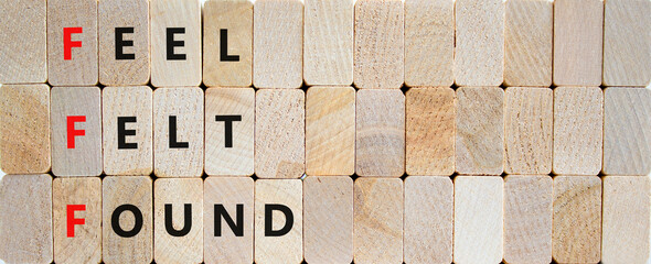 FFF feel felt found technique symbol. Concept words FFF feel felt found on wooden blocks on a beautiful wooden background. Psychological FFF feel felt found technique concept. Copy space.