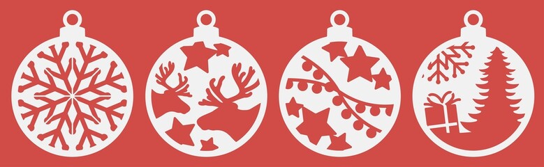 Christmas tree decorations set. Silhouette of Christmas round toys. Balls with snowflakes. Template for laser cutting. Isolated vector illustration.