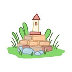 Naklejka premium Lighthouse stands on bricks. Garden decoration on stone mountain. Vector art hand drawn on white background.