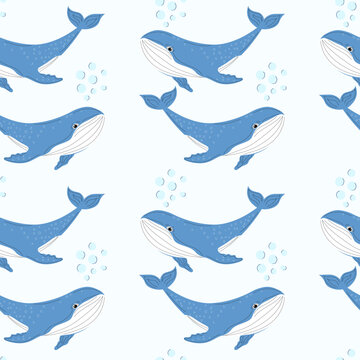 Seamless pattern with cute whale. Hand drawn illustration in scandinavian style for children.