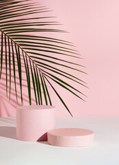 Pastel pink composition with product podium and green palm leaf. Suitable for Product Display and Business Concept. Modern aesthetic.