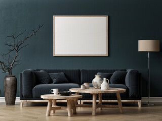 Blank poster in blue living room background, 3d illustration - obrazy, fototapety, plakaty