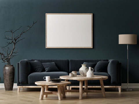 Blank poster in blue living room background, 3d illustration