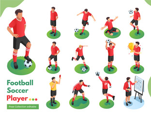 Football soccer player isometric illustration pose collection - obrazy, fototapety, plakaty