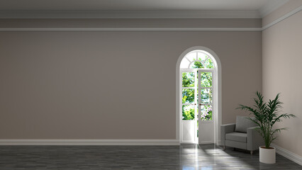 Armchair against a white wall. Arched balcony door in the interior. Room with a large window. Parquet floor in the apartment. 3D visualization.