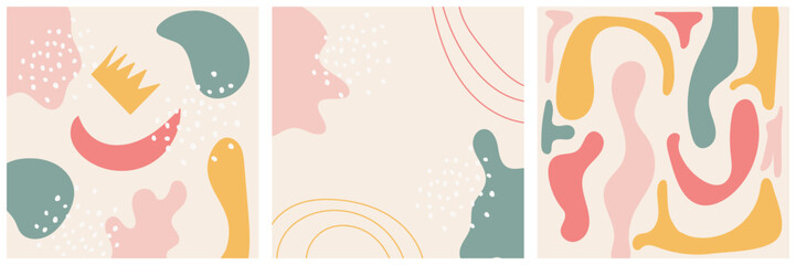 Set of trendy vector collages with hand drawn organic shapes and textures in pastel colors. Contemporary design perfect for prints, flyers, banners, invitations, branding design, covers, social media,