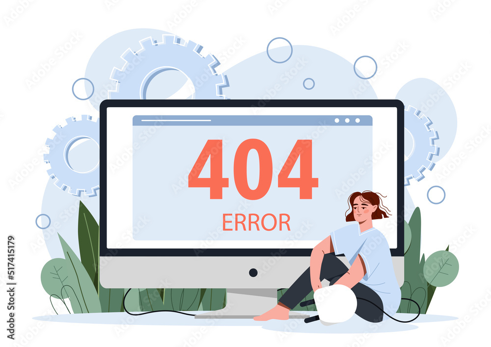 Wall mural error 404 concept. young woman sits next to computer screen and plug pulled out of socket. loss of c
