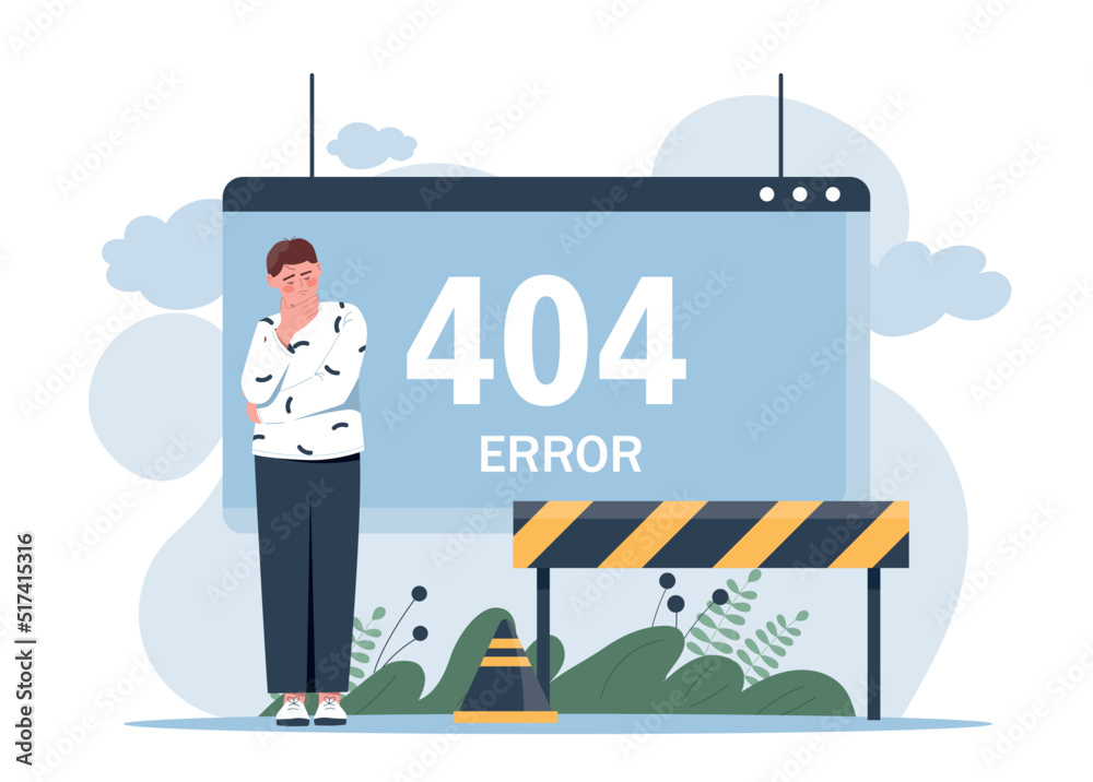 Wall mural error 404 concept. young man stands next to digital website page, fence and cone. no connection or e