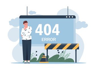 Error 404 concept. Young man stands next to digital website page, fence and cone. No connection or electricity, technical problems. Design element for sites. Cartoon flat vector illustration