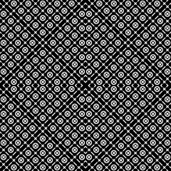 Seamless surface pattern with symmetric ornament. White dashes, crosses and circles abstract on black background. Grid motif. Ethnic wallpaper. Digital paper for web design. Vector art illustration