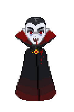 An 8-bit spooky creepy pixel art retro-styled illustration of a vampire.