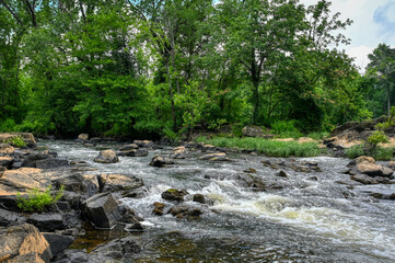 Naklejka na ściany i meble A low-perspective landscape of whitewater river rapids in the forests of North Carolina