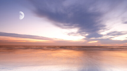 View of the moon rising over the sea with a cloudy sky above the horizon at night. Calm ocean water at the Torrey Pines beach in California. Majestic and peaceful landscape for summer vacation