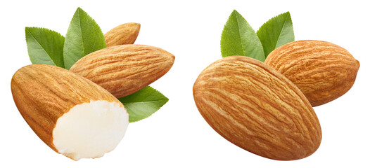 Set of delicious almonds, isolated on white background