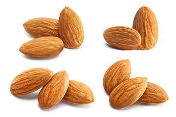 Set of delicious almonds, isolated on white background