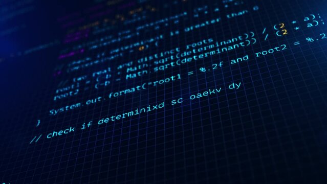 Developer working on program code. Hack or protection data. Website scripts digits and commands at computer screen. Modern hi-tech software development and blockchain concept. 3D technology background