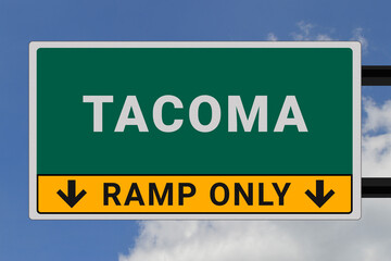 Tacoma logo. Tacoma lettering on a road sign. Signpost at entrance to Tacoma, USA. Green pointer in American style. Road sign in the United States of America. Sky in background