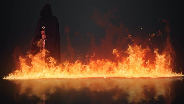 Fire Blazing Dark Figure with Sword 4K features a line of fire blazing on a reflective wet surface with a dark hooded figure holding a sword in the flames.