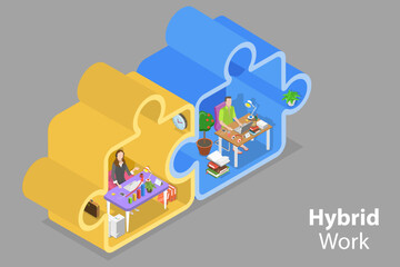 3D Isometric Flat Vector Conceptual Illustration of Hybrid Work, Teleworking and Business Teamwork - obrazy, fototapety, plakaty