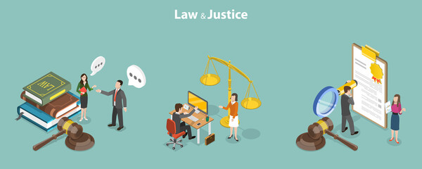 3D Isometric Flat Vector Conceptual Illustration of Law And Justice, Legal Advice and Attorney Service