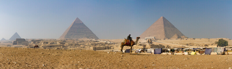 Obraz na płótnie Canvas Panorama Man on Camel at Pyramids of Giza