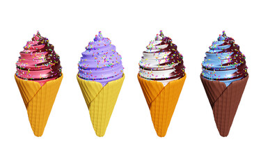 Set of various ice cream scoops in waffle cones 3d rendering.