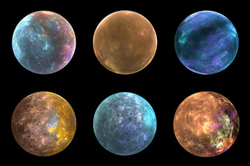 Set of abstract fractal planets, computer-generated illustration.
